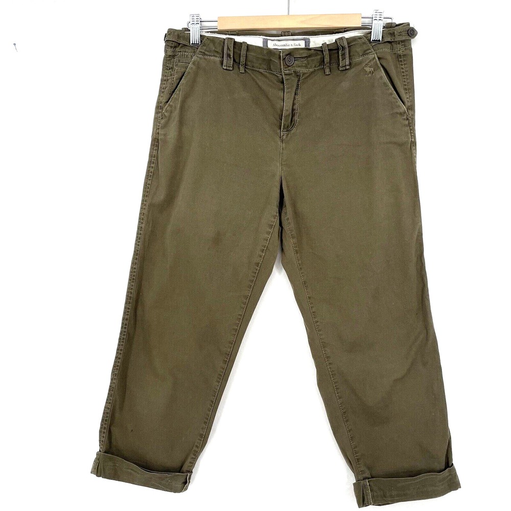 Abercrombie Fitch Women's Cropped Chino‎ Pants Size 4 Olive Green Baggy Stretch